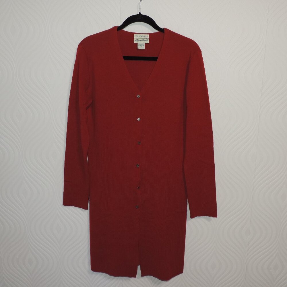 EDDIE BAUER Red Merino Wool Long Cardigan Sweater sz L Tall